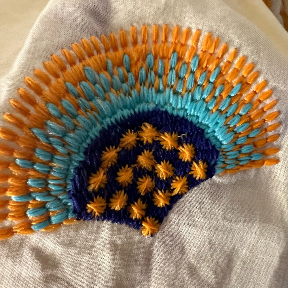 White Mini Dress with Orange & Turquoise Embroidered Fan Detail